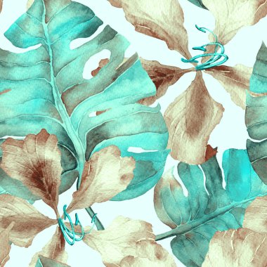 Egzotik desen. Suluboya tropik çiçekler ve canavar yaprakları. Palm ve Hibiscus ormanları pürüzsüz. Bahar Hawaii suluboya geçmişi. Avuç içleri, canavarlar, mayo izleri..