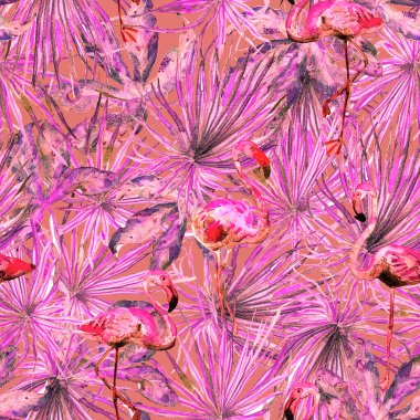Flamingo deseni. Tropik yaz beyaz kırmızı baskısı. Kuşlarla dolu egzotik bahar tekstil arka planı. Moda Hawai Ormanı tekrar eden pürüzsüz fayanslar. Palm Botanik mayo tasarımı. Miami Vahşi Hayatı.