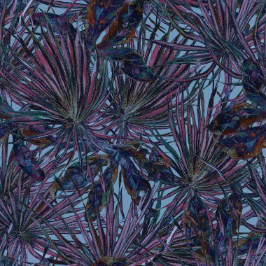 Tropikal desen. Suluboya egzotik çiçekler ve canavar yaprakları. Siyah mavi bitkiler pürüzsüz desende. Yaz Hawaii suluboya geçmişi. Tropik palmiyeler, canavarlar, çiçek desenleri..