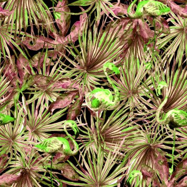 Flamingo deseni. Tropik yaz yeşili kırmızı iz. Kuşlarla dolu egzotik bahar canavarları. Moda Hawai Ormanı tekrar eden pürüzsüz fayanslar. Palm Botanik mayo tasarımı. Miami Vahşi Hayatı.