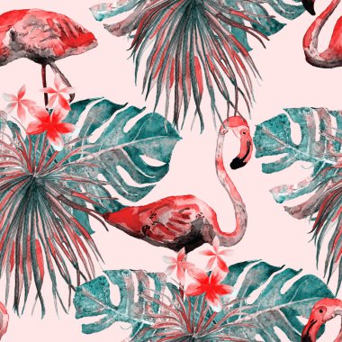 Flamingo deseni. Tropik yaz yeşili kırmızı iz. Kuşlarla dolu egzotik bahar canavarları. Moda Hawai Ormanı tekrar eden pürüzsüz fayanslar. Palm Botanik mayo tasarımı. Miami Vahşi Hayatı.