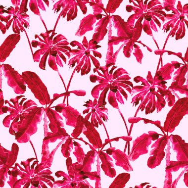 Suluboya palmiye deseni. Cennet yaprakları ile egzotik, pürüzsüz desen. Islak fırça mayo izi. Bahar arka planı. Akışkan, soyut, dikişsiz desen. Suluboya doğal Hawaii çiçek arkaplanı.