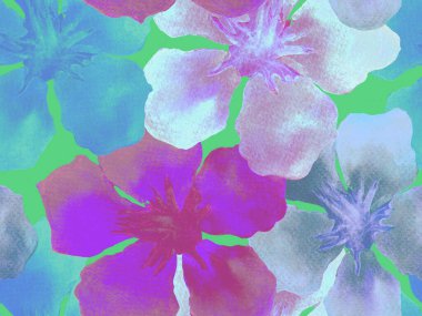 Hawaii suluboya deseni. Ultraviyole çiçekli tropikal dikişsiz iz. Hibiscus ve zakkum Hawaii 'de. Aloha mayo tasarımı. Egzotik buket moda illüstrasyonu. Suluboya yatay fayans.