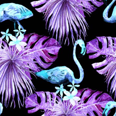 Flamingo deseni. Tropik yaz ultraviyole izi. Kuşlarla dolu egzotik bahar canavarları. Moda Hawai Ormanı tekrar eden pürüzsüz fayanslar. Palm Botanik mayo tasarımı. Miami Vahşi Hayatı.
