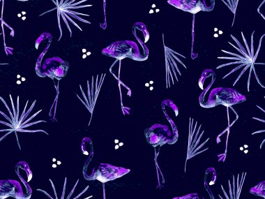 Büyük hipster flamingo mavisi, kusursuz Hawaii deseni. İlkbahar suluboya tişört baskısı. Doymuş hippi mayo, tüylü kuşları olan fayanslar. Suluboya yatay fayans.