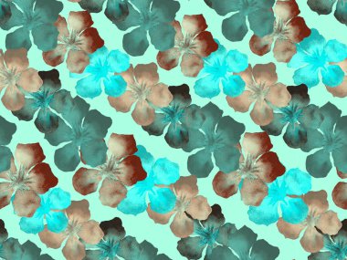 Hawaii suluboya deseni. Çivit mavisi, tropikal, dikişsiz iz. Hibiscus ve zakkum Hawaii 'de. Aloha mayo tasarımı. Egzotik buket moda illüstrasyonu. Suluboya yatay fayans.