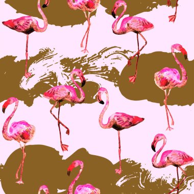 Flamingo deseni. Tropik yaz kırmızı pembe baskısı. Kuşlarla dolu egzotik bahar tekstil arka planı. Moda Hawai Ormanı tekrar eden pürüzsüz fayanslar. Çizgili botanik mayo tasarımı. Miami Vahşi Hayatı.