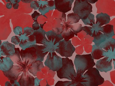 Hawaii suluboya deseni. Pembe kırmızı tropikal desensiz çiçek deseni. Hibiscus ve zakkum Hawaii 'de. Aloha mayo tasarımı. Egzotik buket moda illüstrasyonu. Suluboya yatay fayans.