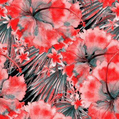 Tropikal desen. Suluboya egzotik çiçekler ve canavar yaprakları. Tertemiz beyaz kırmızı bitkiler. Yaz Hawaii suluboya geçmişi. Tropik palmiyeler, canavarlar, çiçek desenleri..