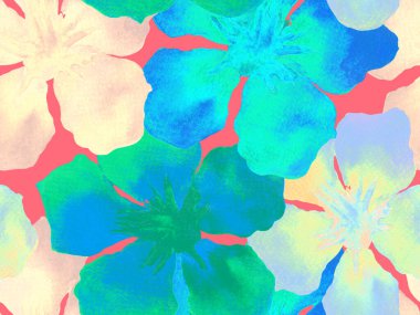 Hawaii suluboya deseni. Çivit mavisi, tropikal, dikişsiz iz. Hibiscus ve zakkum Hawaii 'de. Aloha mayo tasarımı. Egzotik buket moda illüstrasyonu. Suluboya yatay fayans.