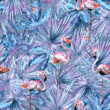 Flamingo deseni. Tropik yaz mavisi kırmızı iz. Kuşlarla dolu egzotik bahar canavarları. Moda Hawai Ormanı tekrar eden pürüzsüz fayanslar. Palm Botanik mayo tasarımı. Miami Vahşi Hayatı.