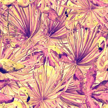 Flamingo deseni. Tropik yaz beyaz kırmızı baskısı. Kuşlarla dolu egzotik bahar canavarları. Moda Hawai Ormanı tekrar eden pürüzsüz fayanslar. Palm Botanik mayo tasarımı. Miami Vahşi Hayatı.
