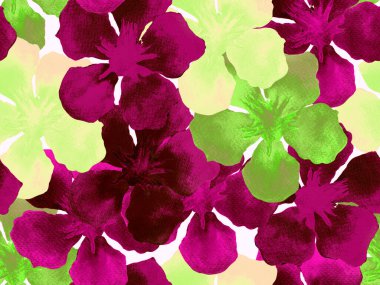 Hawaii suluboya deseni. Pembe kırmızı tropikal desensiz çiçek deseni. Hibiscus ve zakkum Hawaii 'de. Aloha mayo tasarımı. Egzotik buket moda illüstrasyonu. Suluboya yatay fayans.