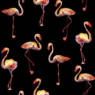 Flamingo deseni. Tropik yaz suluboya baskısı. Kuşlarla dolu egzotik bahar tekstil arka planı. Moda Hawai Ormanı tekrar eden pürüzsüz fayanslar. Modaya uygun botanik mayo tasarımı. Miami Vahşi Hayatı.