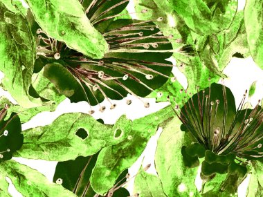 Çiçek desenli moda. Yeşil Arkaplanda Büyük Egzotik Kusursuz Parmak izi. Geniş Orman Baharı Sulu Boyalı Lilikoi Sonsuz Geçmişi. Rastgele Çiçek Deseni.