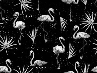 Büyük flamingo siyah, beyaz, pürüzsüz Hawaii deseni. İlkbahar suluboya tişört baskısı. Doymuş hippi mayo, tüylü kuşları olan fayanslar. Flamingolu yatay fayans.