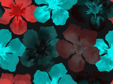 Hawaii suluboya deseni. Çivit mavisi, tropikal, dikişsiz iz. Hibiscus ve zakkum Hawaii 'de. Aloha mayo tasarımı. Egzotik buket moda illüstrasyonu. Suluboya yatay fayans.