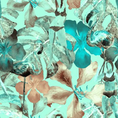 Yaz plajı deseni. Mayo giymiş insanlar egzotik palmiye, yaprak ve çiçeklerin arasında duruyorlar. Yeşil turkuaz parmak izi. Tropik Hawai suluboyası, pürüzsüz fayans. Bikini Miami, güneşlenen kızlar.. 