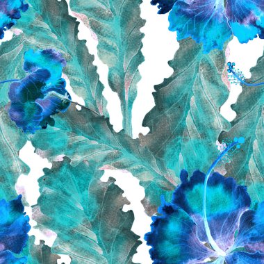 Tatil düzeni. Suluboya tropik çiçekler ve canavar yaprakları. Palm ve Hibiscus ormanları pürüzsüz. Yaz Hawaii suluboya geçmişi. Tropik palmiyeler, canavarlar, çiçek desenleri..