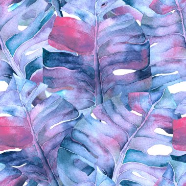 Tropikal desen. Suluboya egzotik çiçekler ve canavar yaprakları. Palm ve Hibiscus bitkileri kusursuz desende. Bahar Hawaii suluboya geçmişi. Tropik palmiyeler, canavarlar, çiçek desenleri..