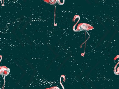 Büyük flamingo hippi kızıl Hawaii 'nin kusursuz deseni. Yaz tropikal kuşları sonsuz baskıyı suluboya. Yaban kuşlarıyla minimalist geometrik mayo arka planı. Flamingolu yatay fayans.
