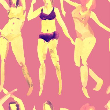 Yaz plajı deseni. Mayolu insanlar kuyrukta bekliyor. Kırmızı pembe renkli kız baskısı. Tropik Hawai suluboyası, pürüzsüz fayans. Bikini Miami kızları güneşlendiriyor. Bikinili kadınlar.