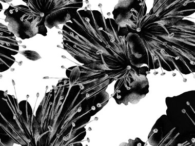 Cesur soyut çiçek deseni. Siyah ve Beyaz Arkaplanda Büyük Egzotik Kusursuz Parmak izi. Büyük Hawaii Bahar Aquarelle Maracuja Sonsuz Arkaplanı. Modern Kalın Soyut Çiçek Deseni.