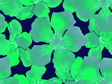 Hawaii suluboya deseni. Yeşil turkuaz çiçekli, dikişsiz tropikal iz. Hibiscus ve zakkum Hawaii 'de. Aloha mayo tasarımı. Egzotik buket moda illüstrasyonu. Suluboya yatay fayans.