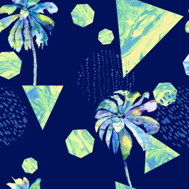 Geometrik avuç içi deseni. Muz ağaçları, üçgenler, mermer, ebru, yarım ton, noktalar, çizgiler, heptagonlar ile modaya uygun yaratıcı bir uyum. Mayo yaz soyut orman arkaplanı. Memphis geometrisi.