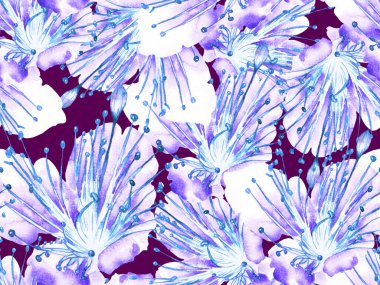 Kalın Çiçek deseni. Büyük Hawaii İşaretsiz Mavi Parmak izi, Indigo Arkaplan. Büyük Tropik Yaz Suluboya Granadilla Sonsuz Arkaplan. Modern Kalın Çiçek Deseni.