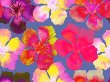 Hawaii suluboya deseni. Pembe kırmızı tropikal desensiz çiçek deseni. Hibiscus ve zakkum Hawaii 'de. Aloha mayo tasarımı. Egzotik buket moda illüstrasyonu. Suluboya yatay fayans.