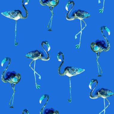 Flamingo deseni. Tropik beyaz çivit rengi. Kuşlarla dolu egzotik bahar tekstil arka planı. Moda Hawai Ormanı tekrar eden pürüzsüz fayanslar. Modaya uygun botanik mayo tasarımı. Miami Vahşi Hayatı.