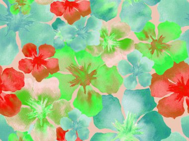 Hawaii suluboya deseni. Çivit mavisi, tropikal, dikişsiz iz. Hibiscus ve zakkum Hawaii 'de. Aloha mayo tasarımı. Egzotik buket moda illüstrasyonu. Suluboya yatay fayans.