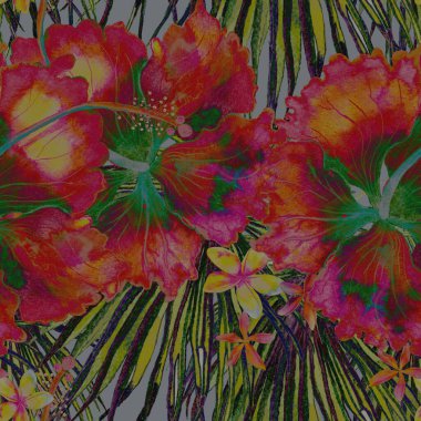 Tropikal desen. Suluboya egzotik çiçekler ve canavar yaprakları. Kırmızı yeşil bitkiler pürüzsüz desende. Yaz Hawaii suluboya geçmişi. Tropik palmiyeler, canavarlar, çiçek desenleri..