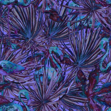 Flamingo deseni. Tropik yaz ultraviyole izi. Kuşlarla dolu egzotik bahar canavarları. Moda Hawai Ormanı tekrar eden pürüzsüz fayanslar. Palm Botanik mayo tasarımı. Miami Vahşi Hayatı.