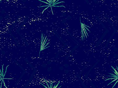 İndigo egzotik desen. Canavar yaprakları ve amber çiçekleri yaz baskısı. Doymuş büyük çiçekli mayo izi. Yatay Kaliforniya doğal doku tasarımı. Güzel bahar botanik tasarımı.