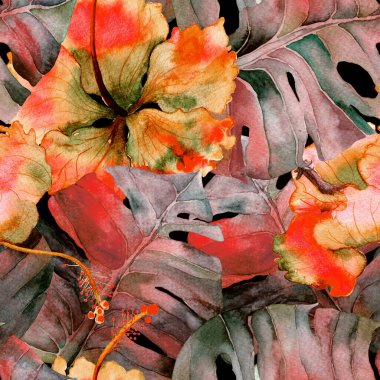 Tatil düzeni. Suluboya tropik çiçekler ve canavar yaprakları. Palm ve Hibiscus ormanları pürüzsüz. Bahar Hawaii suluboya geçmişi. Tropik palmiyeler, canavarlar, çiçek desenleri..