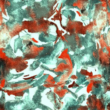 Fırça darbeleri. Kırmızı yeşil suluboya geometri baskısı. Pastel boyalı suluboya arka plan. El çizimi soyut sanat çizgisi. Tekrar eden mayo desenli. Fırça izi.