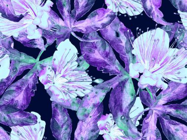 Kalın Çiçek deseni. Mor Arkaplanda Büyük Orman Kusursuz Parmak izi. Büyük Tropik Bahar Suluboya Tutku Meyvesi Sonsuz Arkaplan. Kalın Çiçek Tasarımı.