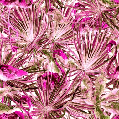 Flamingo deseni. Tropik yaz beyaz kırmızı baskısı. Kuşlarla dolu egzotik bahar tekstil arka planı. Moda Hawai Ormanı tekrar eden pürüzsüz fayanslar. Palm Botanik mayo tasarımı. Miami Vahşi Hayatı.