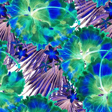 Tropikal desen. Suluboya egzotik çiçekler ve canavar yaprakları. Ultraviyole bitkiler kusursuz desende. Yaz Hawaii suluboya geçmişi. Tropik palmiyeler, canavarlar, çiçek desenleri..