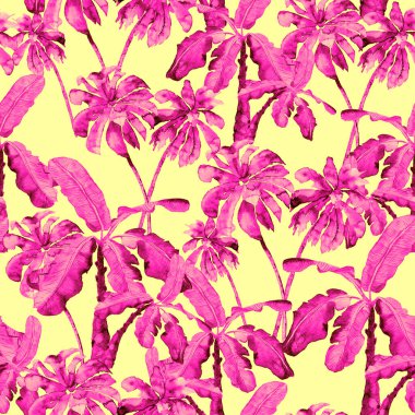 Suluboya palmiye deseni. Tropikal yapraklı, egzotik, pürüzsüz desen. Aloha mayo izi. Bahar arka planı. Akışkan, soyut, dikişsiz desen. Suluboya doğal Hawaii çiçek arkaplanı.