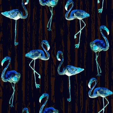 Flamingo deseni. Tropik yaz mavisi siyah iz. Kuşlarla dolu egzotik bahar tekstil arka planı. Moda Hawai Ormanı tekrar eden pürüzsüz fayanslar. Çizgili botanik mayo tasarımı. Miami Vahşi Hayatı.