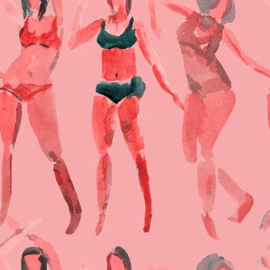 Yaz plajı deseni. Mayolu insanlar kuyrukta bekliyor. Kırmızı pembe renkli kız baskısı. Tropik Hawai suluboyası, pürüzsüz fayans. Bikini Miami kızları güneşlendiriyor. Bikinili kadınlar.