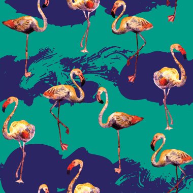 Flamingo deseni. Tropik yaz mavisi kırmızı iz. Kuşlarla dolu egzotik bahar tekstil arka planı. Moda Hawai Ormanı tekrar eden pürüzsüz fayanslar. Çizgili botanik mayo tasarımı. Miami Vahşi Hayatı.
