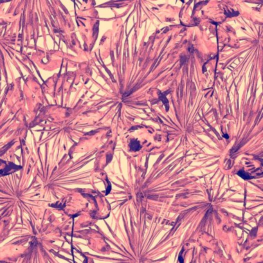 Flamingo deseni. Tropik yaz beyaz kırmızı baskısı. Kuşlarla dolu egzotik bahar canavarları. Moda Hawai Ormanı tekrar eden pürüzsüz fayanslar. Palm Botanik mayo tasarımı. Miami Vahşi Hayatı.