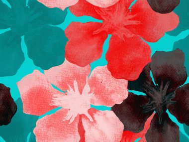 Hawaii suluboya deseni. Pembe kırmızı tropikal desensiz çiçek deseni. Hibiscus ve zakkum Hawaii 'de. Aloha mayo tasarımı. Egzotik buket moda illüstrasyonu. Suluboya yatay fayans.