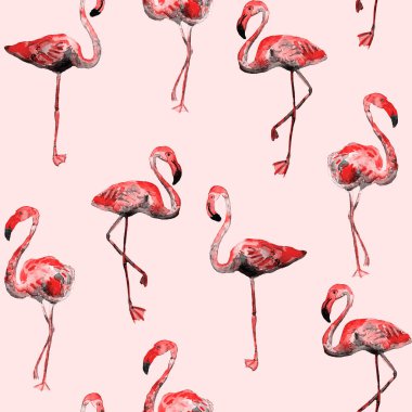 Flamingo deseni. Tropik yaz pembe baskısı. Kuşlarla dolu egzotik bahar tekstil arka planı. Moda Hawai Ormanı tekrar eden pürüzsüz fayanslar. Modaya uygun botanik mayo tasarımı. Miami Vahşi Hayatı.