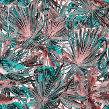 Flamingo deseni. Tropik yaz yeşili kırmızı iz. Kuşlarla dolu egzotik bahar canavarları. Moda Hawai Ormanı tekrar eden pürüzsüz fayanslar. Palm Botanik mayo tasarımı. Miami Vahşi Hayatı.