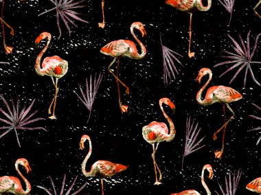 Büyük flamingo hippi kızıl Hawaii 'nin kusursuz deseni. Yaz tropikal kuşları sonsuz baskıyı suluboya. Yaban kuşlarıyla minimalist geometrik mayo arka planı. Flamingolu yatay fayans.